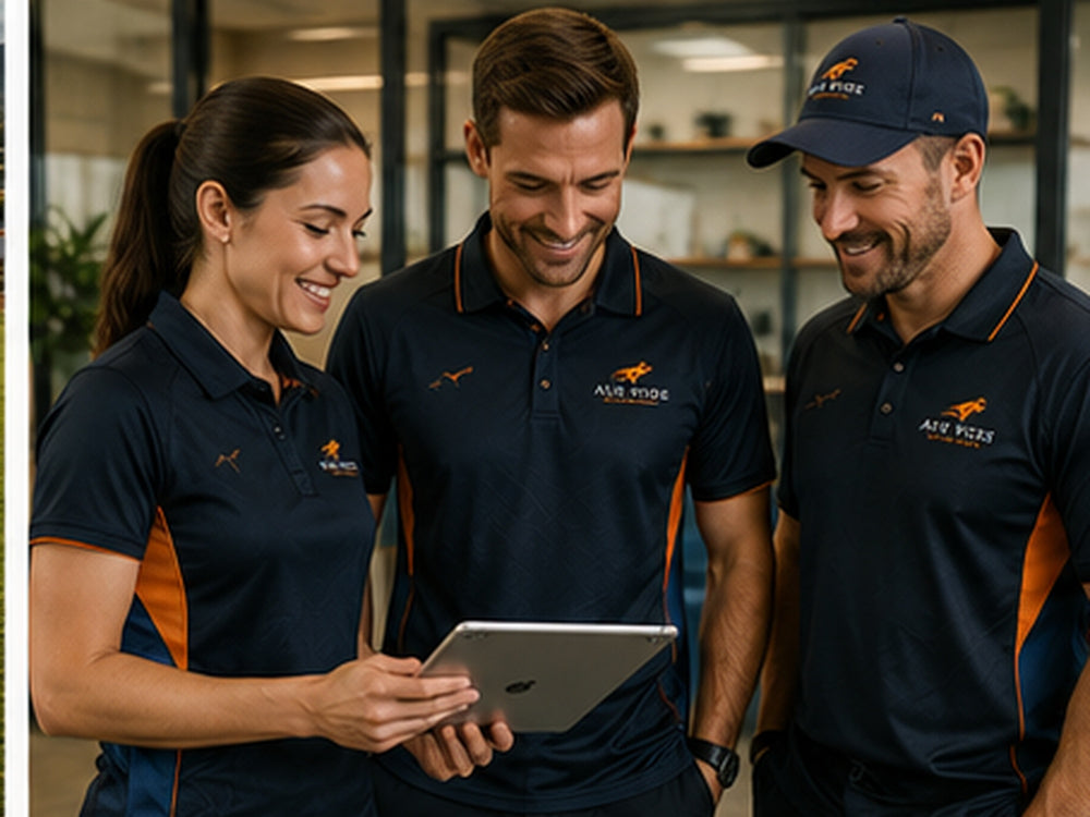 Branded workplace polos worn by a small team