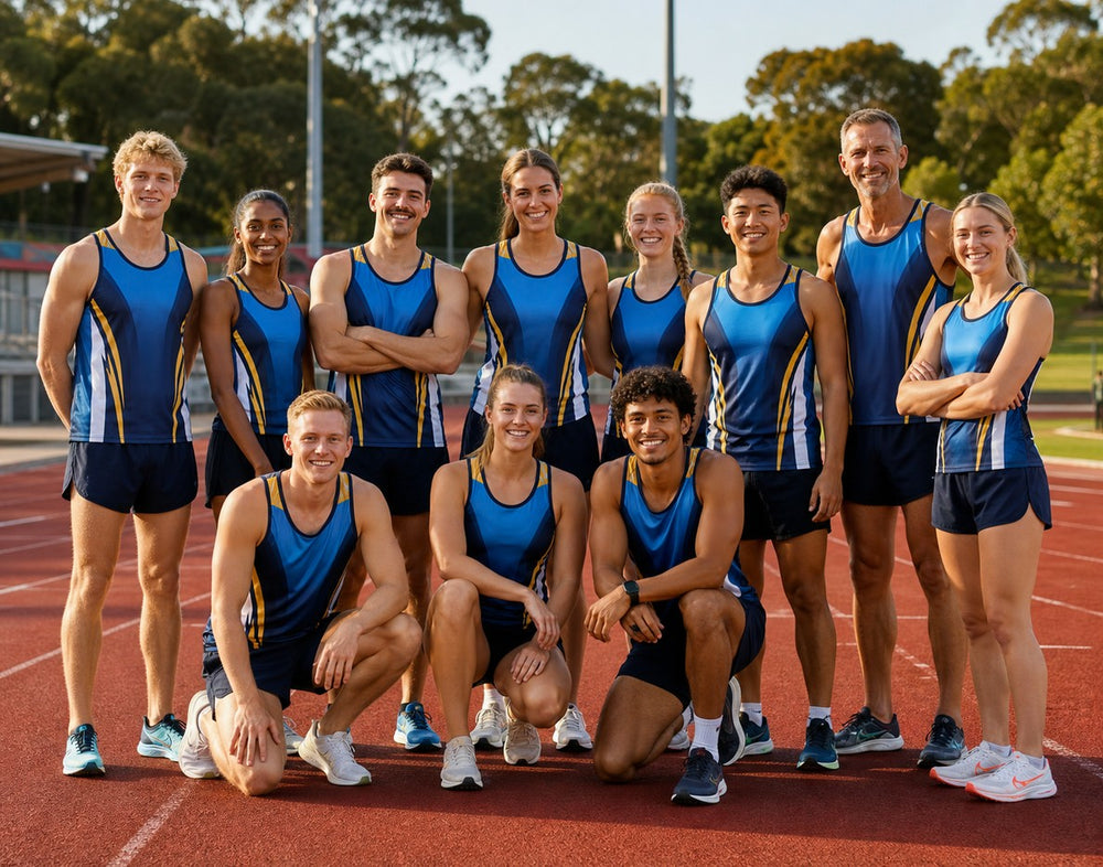 An athletics club in custom Aus Wide Sportswear singlets and shorts on the track, in club blue, navy and gold.