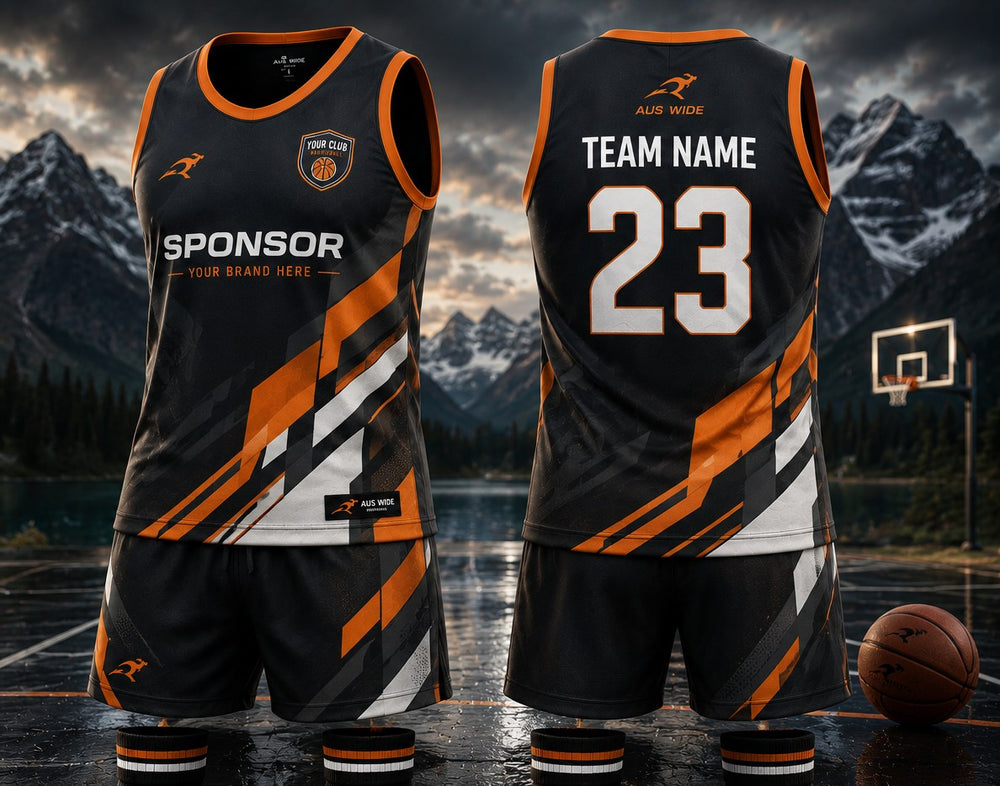 Custom sublimated basketball singlet and shorts shown front and back in black, orange and white, with club logo, sponsor panel, team name and number.