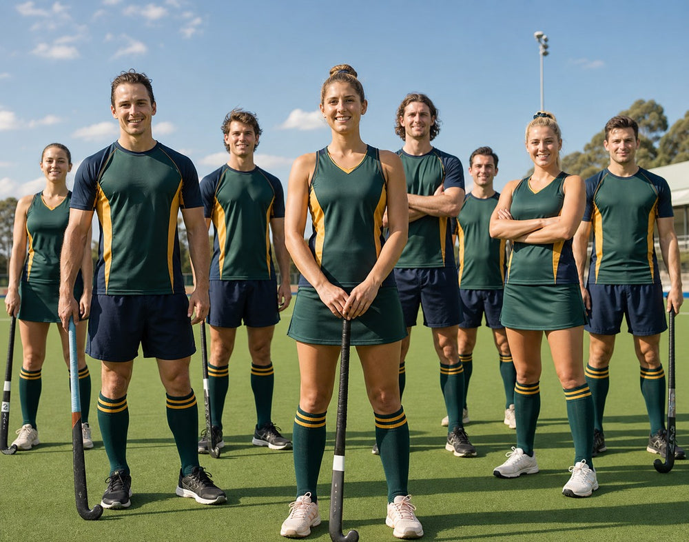 A field hockey club in custom Aus Wide Sportswear tops, shorts and skirts in green, gold and navy on the turf.
