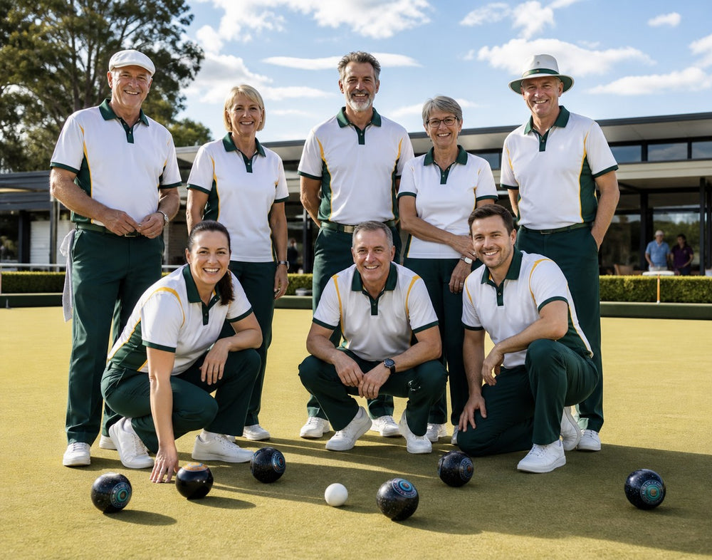 A lawn bowls club in custom Aus Wide Sportswear white polos with green trim and club trousers on the green.