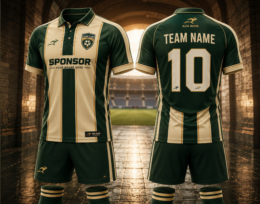 Custom sublimated soccer jersey, shorts and socks shown front and back in bottle green and cream stripes, with a collar, sponsor panel, team name and number.