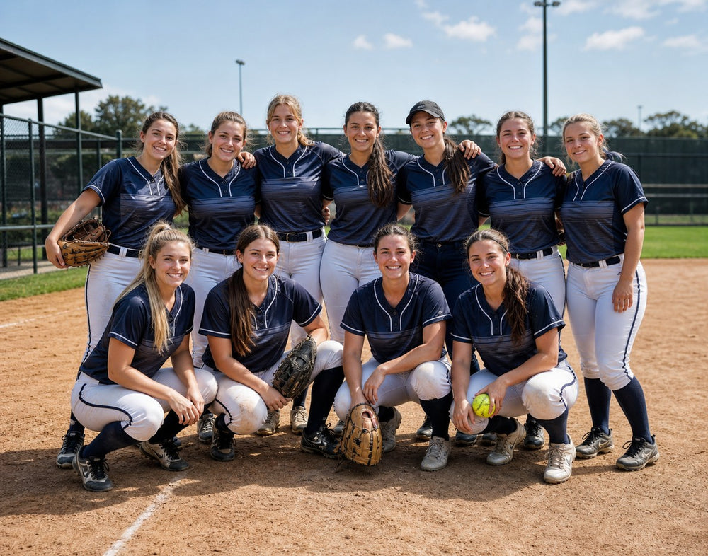 A softball club in custom Aus Wide Sportswear navy jerseys and white pants on the diamond.