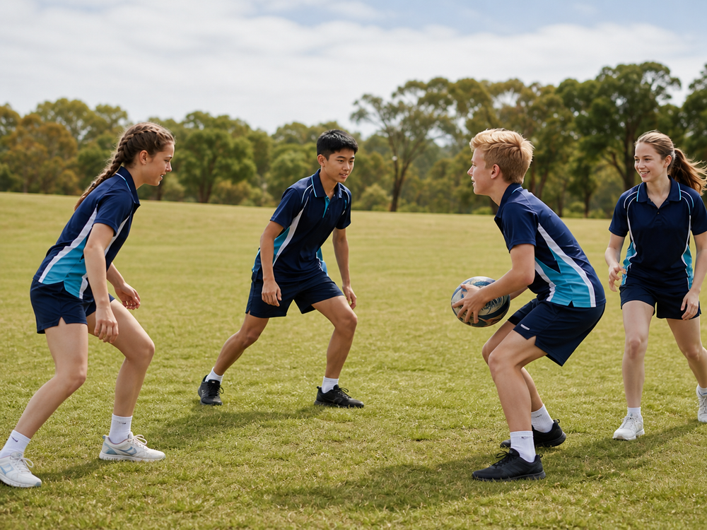 Students wearing coordinated navy and teal PE uniforms during a ball activity on a school field