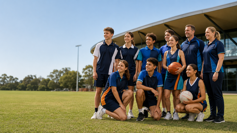Students and school staff in coordinated navy, blue and orange sportswear on a school playing field
