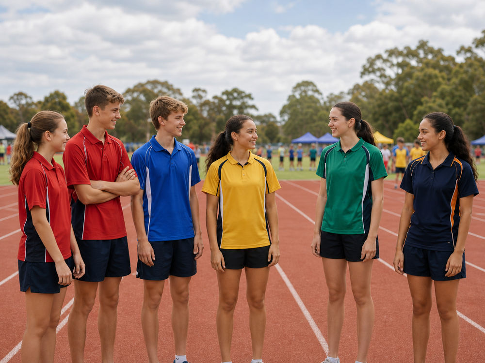Students wearing red, blue, yellow, green and navy house-colour shirts beside an athletics track