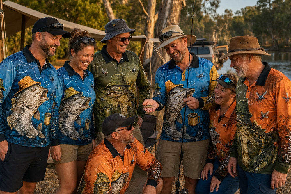 Australian fishing and camping group wearing funny custom fish shirts beside a river