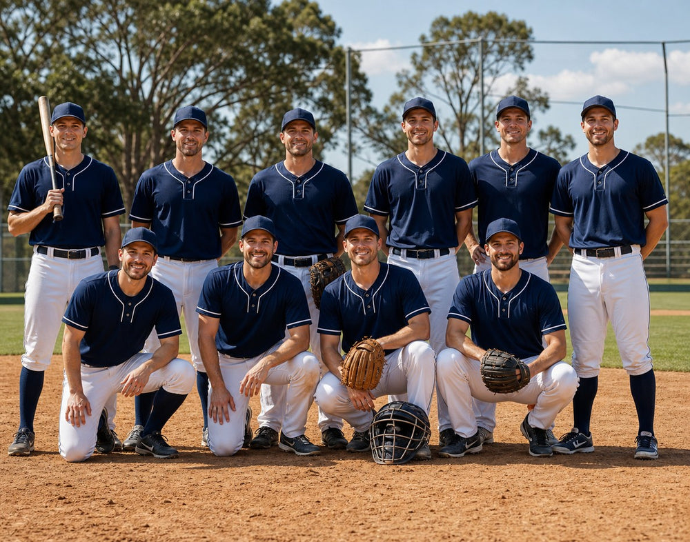 A baseball club in custom Aus Wide Sportswear navy jerseys and white pants on the diamond.