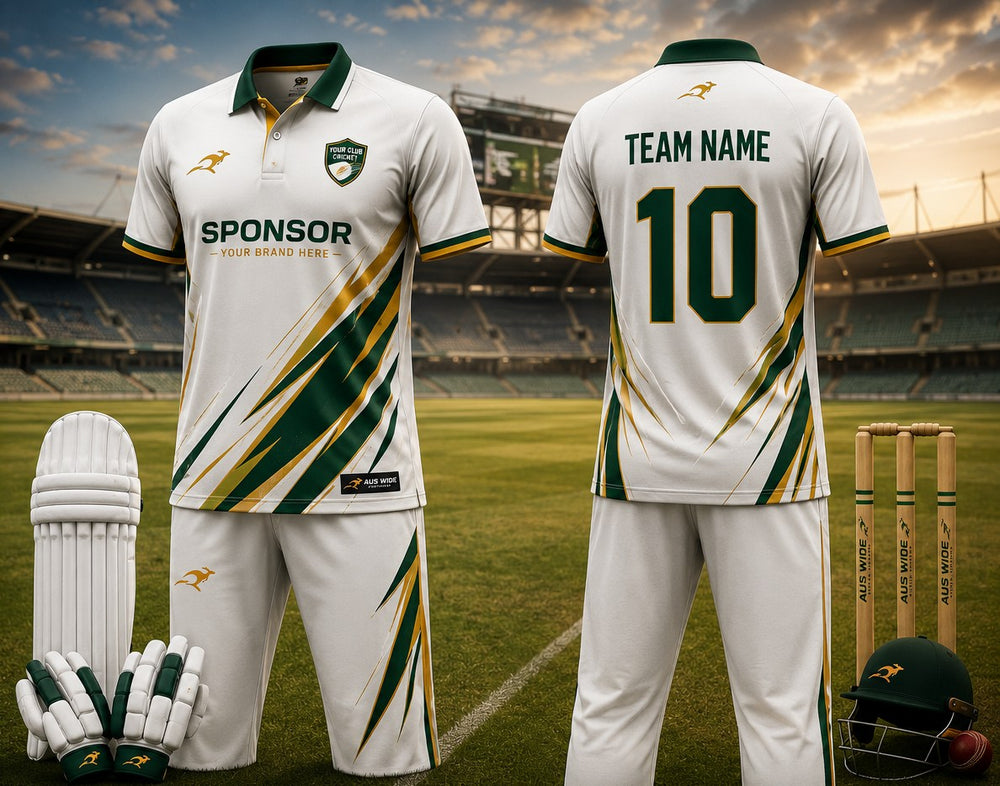 Custom sublimated cricket playing shirt and trousers shown front and back in white with green and gold, with a collar, sponsor panel, team name and number.