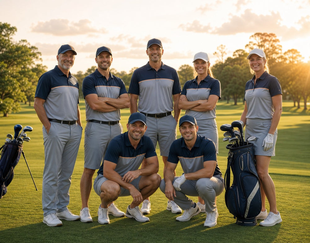 A golf group in custom Aus Wide Sportswear navy and grey polos on the course.