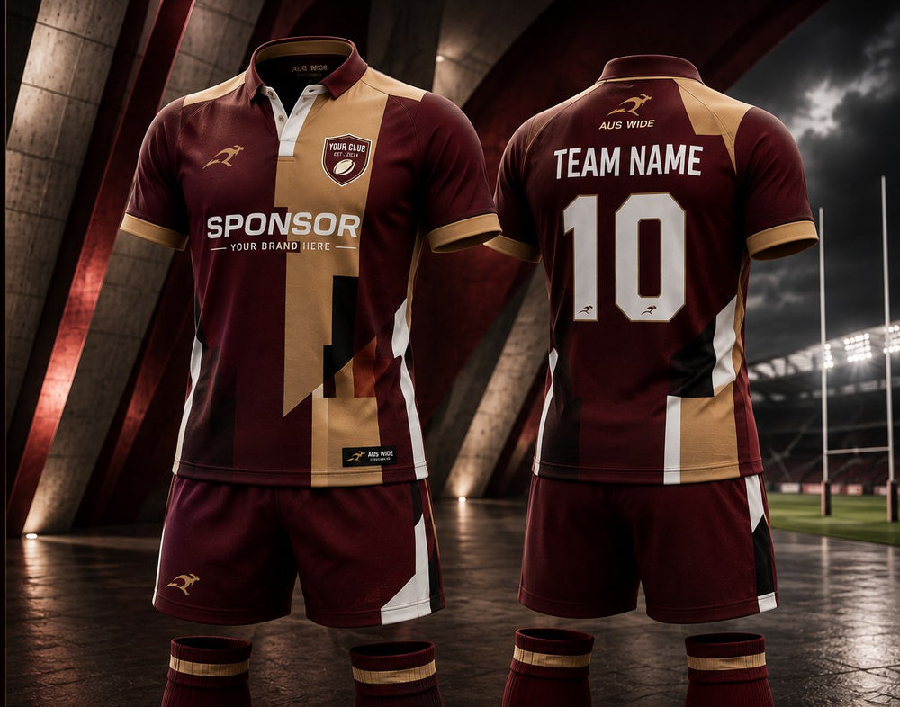 Custom sublimated rugby union jersey, shorts and socks shown front and back in maroon, gold and white, with a collar, sponsor panel, team name and number.
