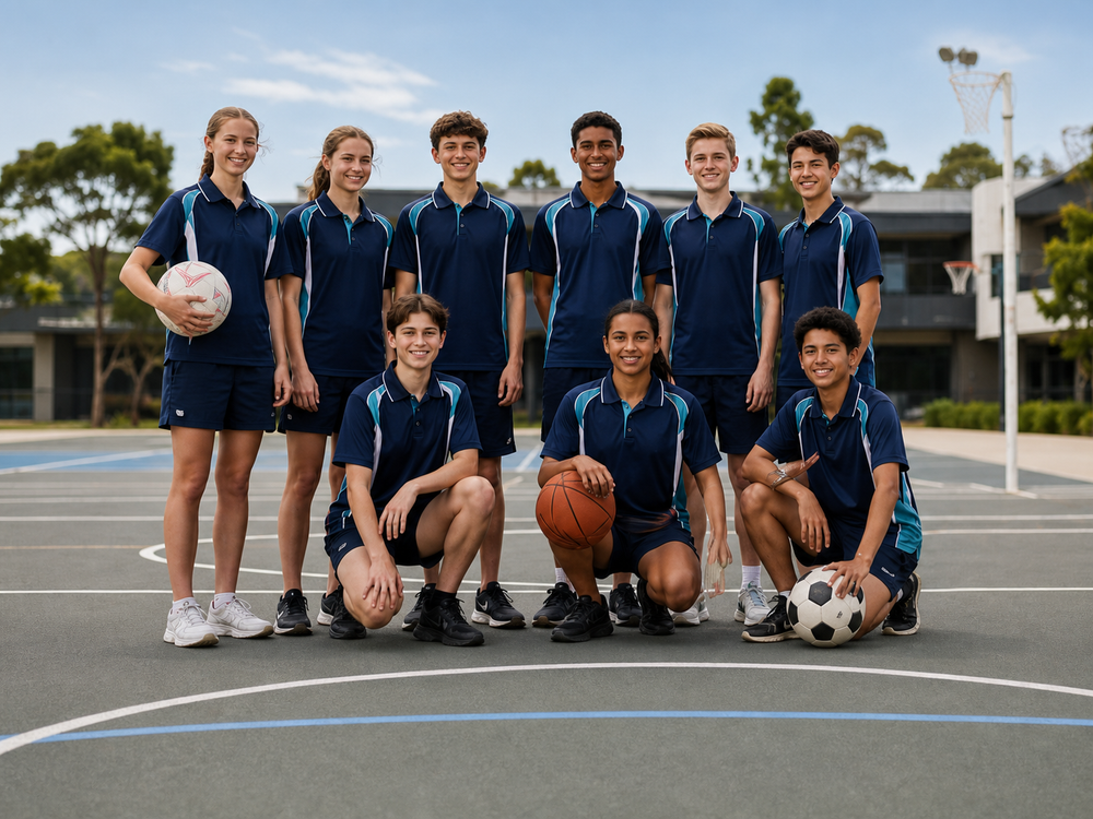 Representative school sports team in coordinated navy and teal uniforms on an outdoor court