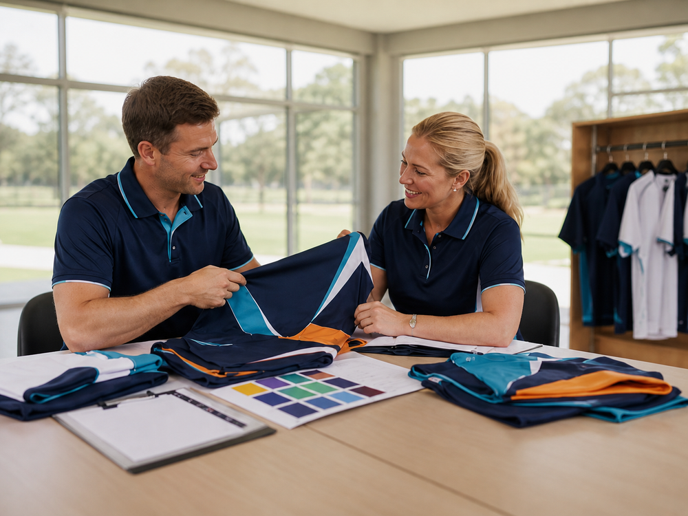 School staff reviewing navy, teal and orange apparel with colour swatches and ordering notes