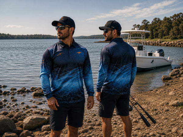 Custom fishing shirts in an outdoor team setting