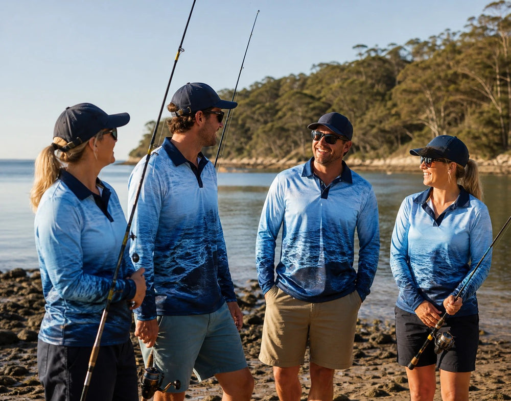 Four people in custom Aus Wide long-sleeve sublimated fishing shirts by the water.