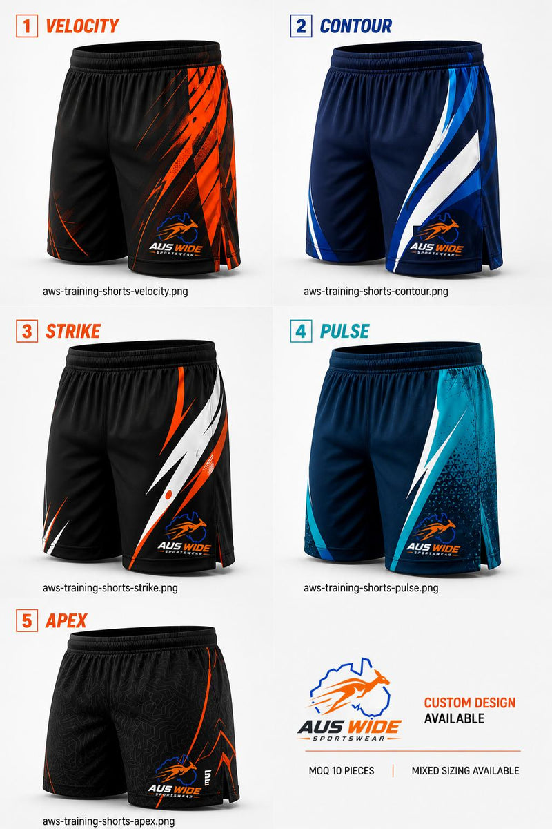 Custom sublimated training shorts designs by Aus Wide Sportswear
